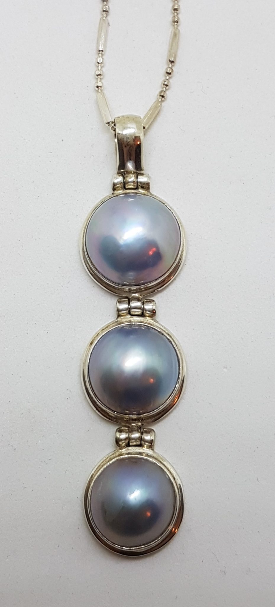 Sterling Silver Round Blue / Black Long Three Mabe Pearl Drop Pendant on Silver Chain
