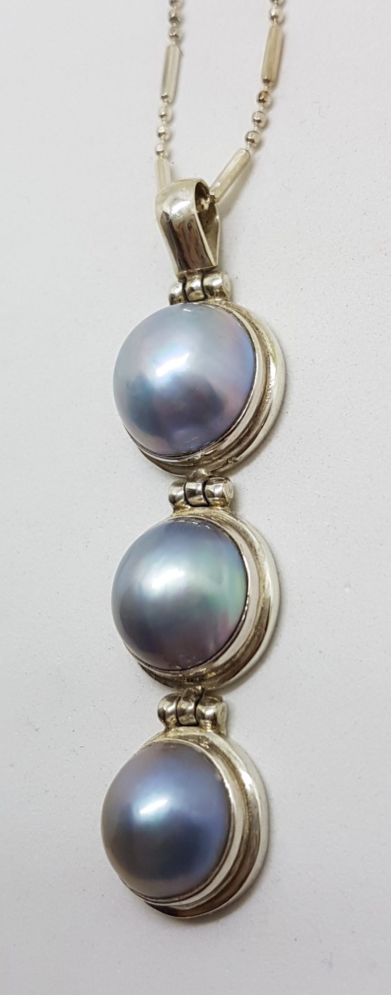 Sterling Silver Round Blue / Black Long Three Mabe Pearl Drop Pendant on Silver Chain