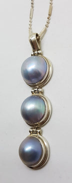 Sterling Silver Round Blue / Black Long Three Mabe Pearl Drop Pendant on Silver Chain