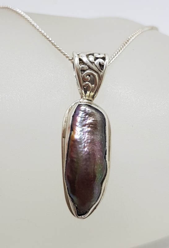 Sterling Silver Black / Blue Blister Pearl Pendant on Silver Chain