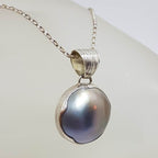 Sterling Silver Black / Blue Round Mabe Pearl Pendant on Silver Chain