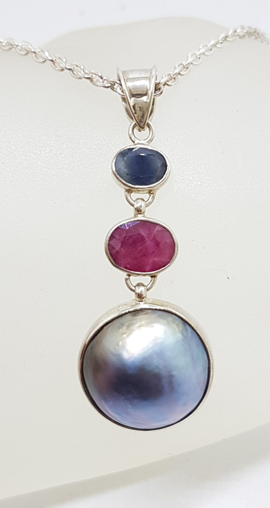 Sterling Silver Black / Blue Mabe Pearl Ruby and Sapphire Pendant on Silver Chain