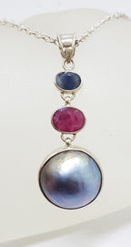 Sterling Silver Black / Blue Mabe Pearl Ruby and Sapphire Pendant on Silver Chain