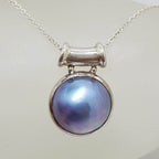 Sterling Silver Blue / Black Round Mabe Pearl with Barrel Top Pendant on Silver Chain