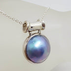 Sterling Silver Blue / Black Round Mabe Pearl with Barrel Top Pendant on Silver Chain