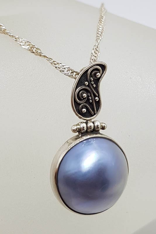 Sterling Silver Blue / Black Round Mabe Pearl with Ornate Top Pendant on Silver Chain