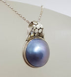 Sterling Silver Blue / Black Round Mabe Pearl with Pebble Design Pendant on Silver Chain