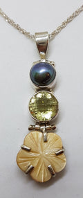 Sterling Silver Black / Blue Pearl with Citrine and Carved Flower Pendant on Silver Chain