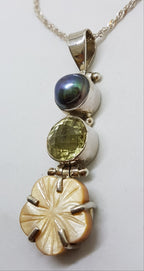 Sterling Silver Black / Blue Pearl with Citrine and Carved Flower Pendant on Silver Chain