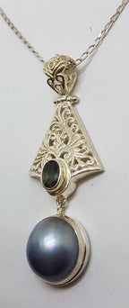 Sterling Silver Blue / Black Round Mabe Pearl with Mystic Quartz Ornate Filigree Long Drop Pendant on Silver Chain