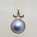 Sterling Silver Blue / Black Round Mabe Pearl with Amethyst Pendant on Silver Chain