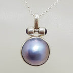Sterling Silver Blue / Black Round Mabe Pearl with Amethyst Pendant on Silver Chain
