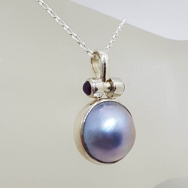 Sterling Silver Blue / Black Round Mabe Pearl with Amethyst Pendant on Silver Chain