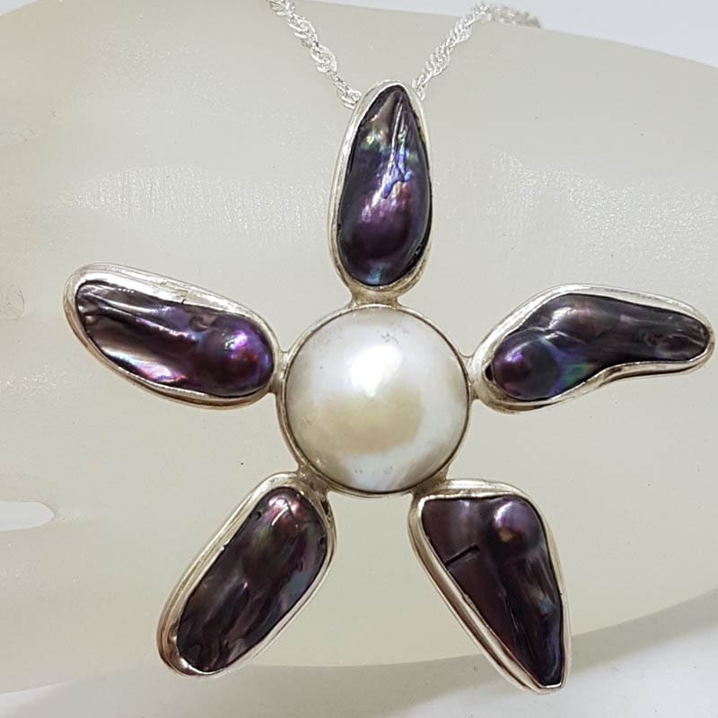 Sterling Silver Black / Blue Blister Pearl with White Mabe Pearl Large Flower Pendant on Silver Chain