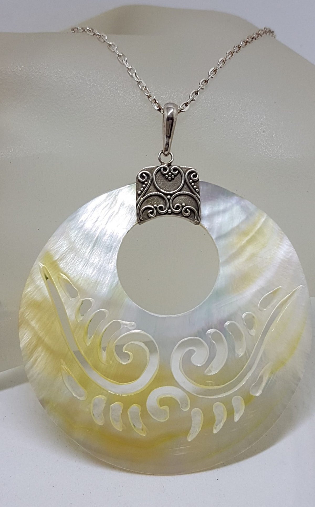 Sterling Silver Large Round Carved Mother of Pearl Pendant on Silver Chain