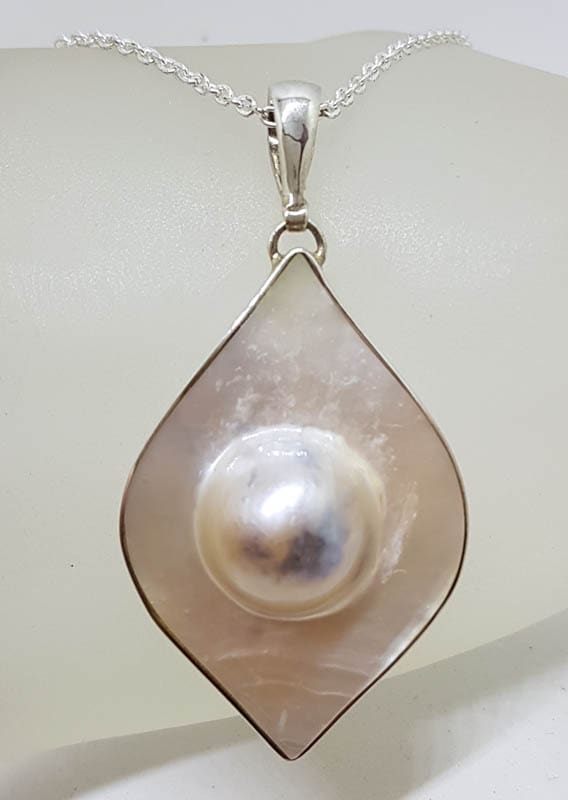 Sterling Silver Large Drop Shape Mabe Pearl Pendant on Silver Chain