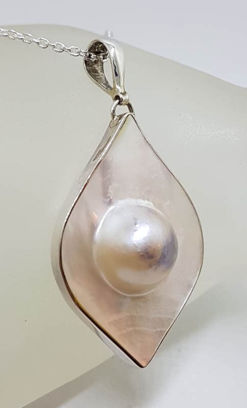 Sterling Silver Large Drop Shape Mabe Pearl Pendant on Silver Chain