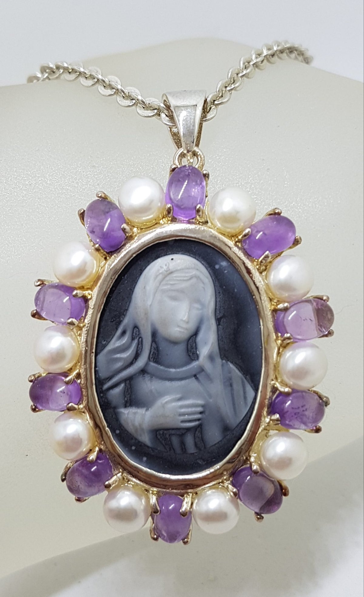 Sterling Silver Cabochon Cut Amethyst with Pearl and Agate Cameo Religious Virgin Mary /Madonna Pendant on Silver Chain
