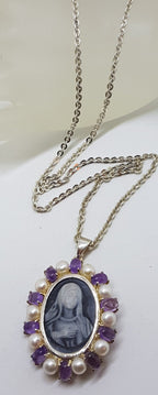 Sterling Silver Cabochon Cut Amethyst with Pearl and Agate Cameo Religious Virgin Mary /Madonna Pendant on Silver Chain