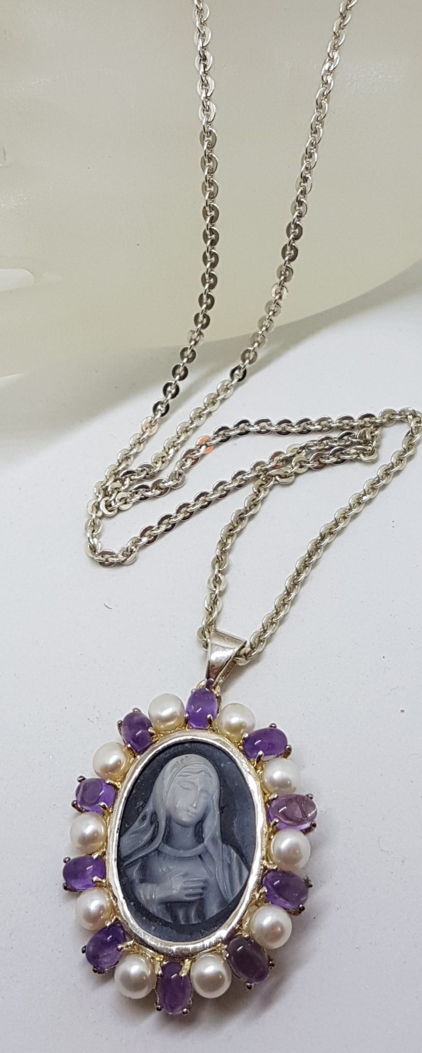 Sterling Silver Cabochon Cut Amethyst with Pearl and Agate Cameo Religious Virgin Mary /Madonna Pendant on Silver Chain