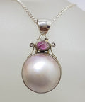Sterling Silver Round Mabe Pearl with Tourmaline Ornate Pendant on Silver Chain