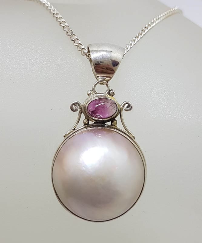 Sterling Silver Round Mabe Pearl with Tourmaline Ornate Pendant on Silver Chain