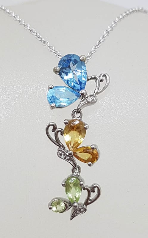 9ct White Gold Topaz, Citrine, Peridot and Diamond Butterfly Pendant on 9ct Chain