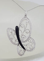 18ct White Gold Large Ornate Filigree Onyx &amp; Diamond Butterfly Pendant on Gold Chain
