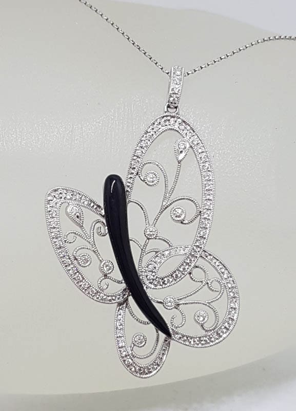 18ct White Gold Large Ornate Filigree Onyx &amp; Diamond Butterfly Pendant on Gold Chain