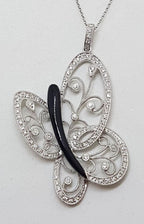 18ct White Gold Large Ornate Filigree Onyx &amp; Diamond Butterfly Pendant on Gold Chain