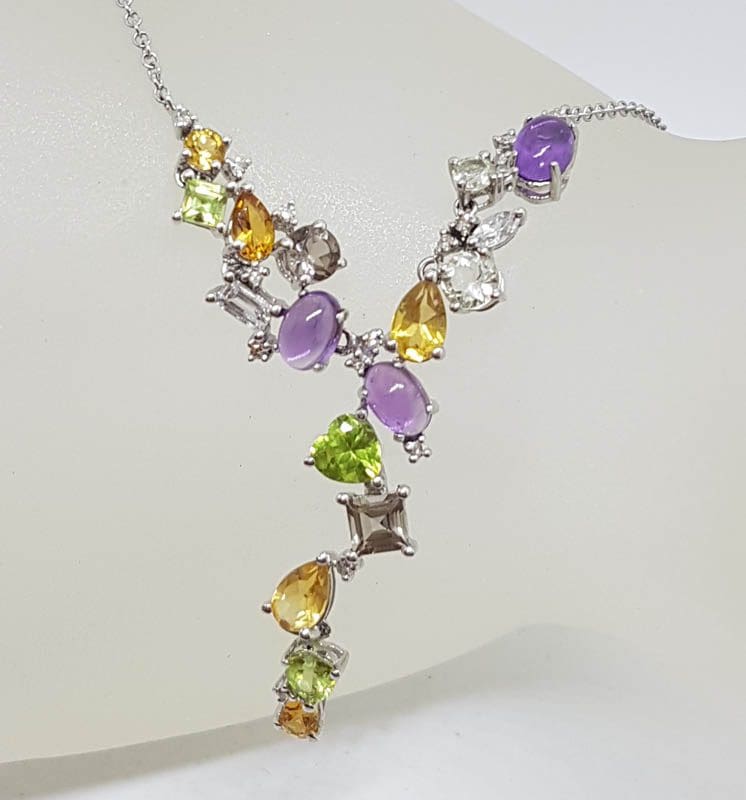 9ct White Gold Amethyst, Peridot, Citrine, Smokey Quartz and Diamond Ornate Drop Collier Necklace / Chain