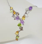 9ct White Gold Amethyst, Peridot, Citrine, Smokey Quartz and Diamond Ornate Drop Collier Necklace / Chain