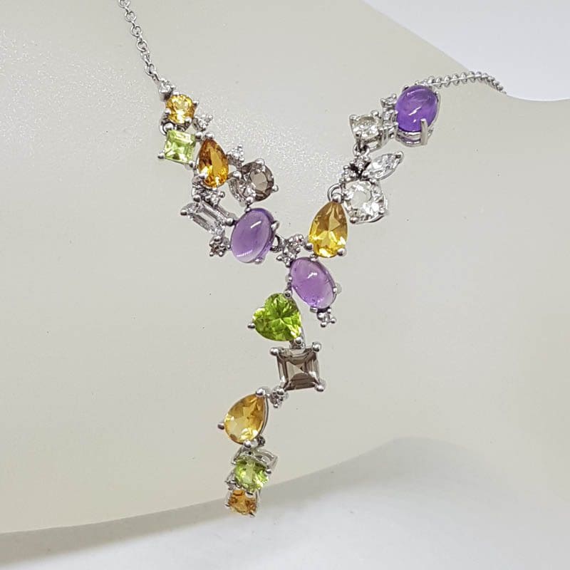 9ct White Gold Amethyst, Peridot, Citrine, Smokey Quartz and Diamond Ornate Drop Collier Necklace / Chain