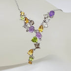 9ct White Gold Amethyst, Peridot, Citrine, Smokey Quartz and Diamond Ornate Drop Collier Necklace / Chain