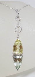 9ct White Gold Green Amethyst / Prasiolite , Citrine and Diamond Pendant on White Gold Chain