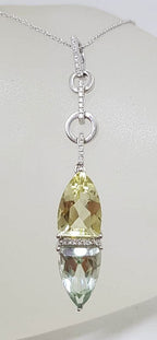 9ct White Gold Green Amethyst / Prasiolite , Citrine and Diamond Pendant on White Gold Chain