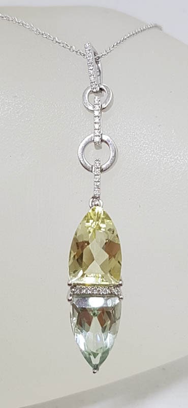 9ct White Gold Green Amethyst / Prasiolite , Citrine and Diamond Pendant on White Gold Chain