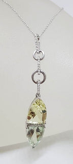 9ct White Gold Green Amethyst / Prasiolite , Citrine and Diamond Pendant on White Gold Chain
