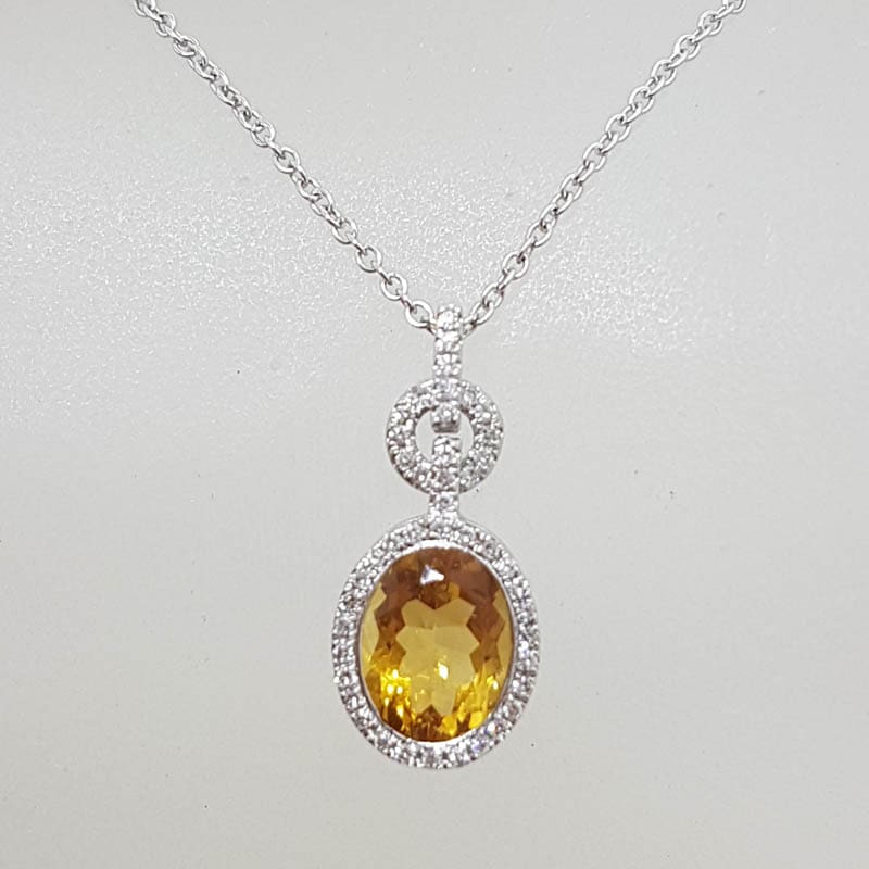 9ct White Gold Oval Citrine &amp; Diamond Pendant on Gold Chain