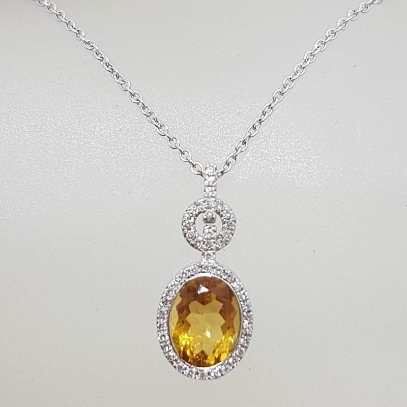 9ct White Gold Oval Citrine &amp; Diamond Pendant on Gold Chain