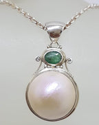 Sterling Silver Emerald &amp; Mabe Pearl Pendant on Sterling Silver Chain