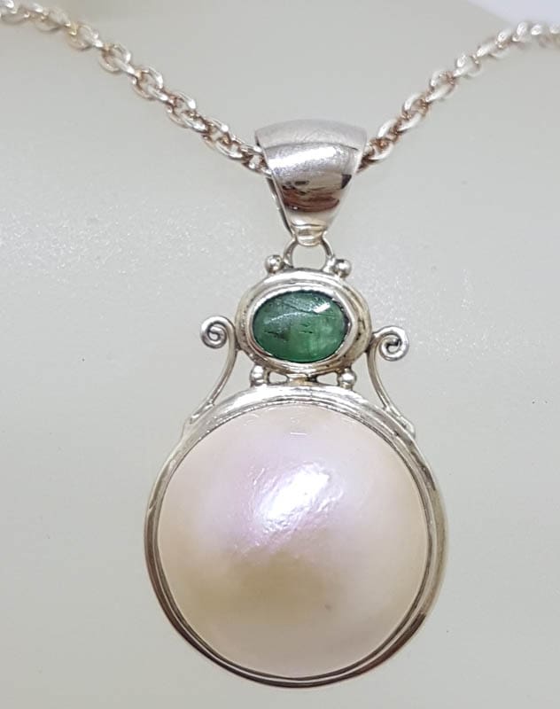 Sterling Silver Emerald &amp; Mabe Pearl Pendant on Sterling Silver Chain
