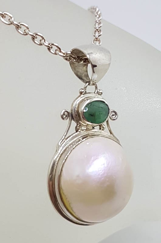 Sterling Silver Emerald &amp; Mabe Pearl Pendant on Sterling Silver Chain