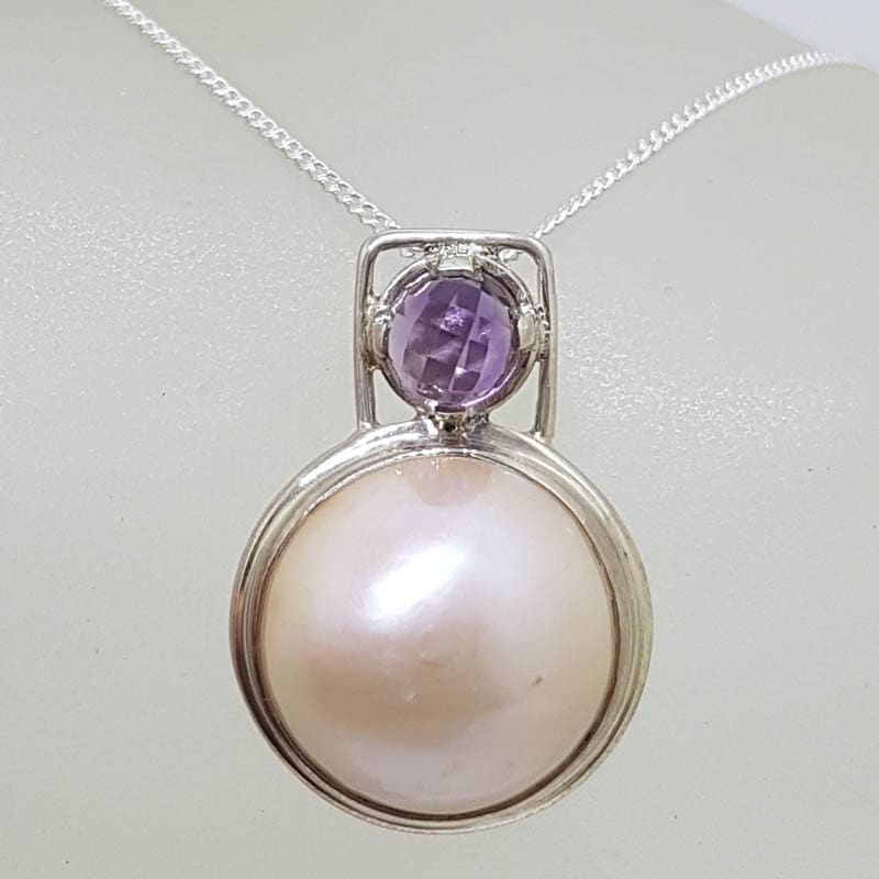 Sterling Silver Round Mabe Pearl with Round Faceted Amethyst in Square Setting Pendant on Silver Chain