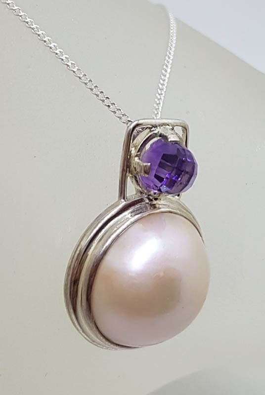 Sterling Silver Round Mabe Pearl with Round Faceted Amethyst in Square Setting Pendant on Silver Chain