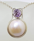 Sterling Silver Round Mabe Pearl with Round Faceted Amethyst in Square Setting Pendant on Silver Chain