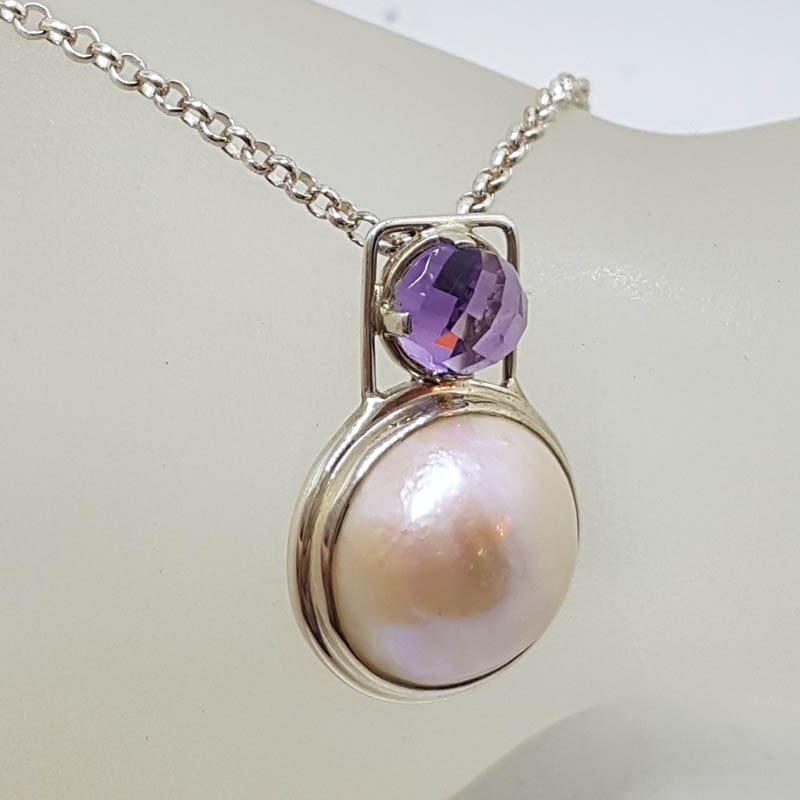 Sterling Silver Round Mabe Pearl with Round Faceted Amethyst in Square Setting Pendant on Silver Chain