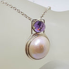 Sterling Silver Round Mabe Pearl with Round Faceted Amethyst in Square Setting Pendant on Silver Chain