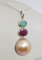 Sterling Silver Round Mabe Pearl with Ruby and Emerald Pendant on Silver Chain