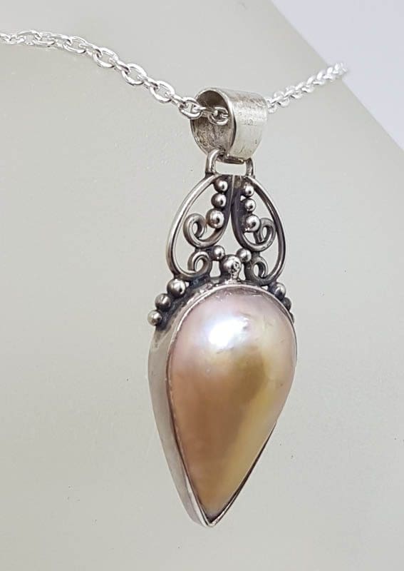 Sterling Silver Teardrop / Pear Shape Mabe Pearl Ornate Filigree Pendant on Silver Chain